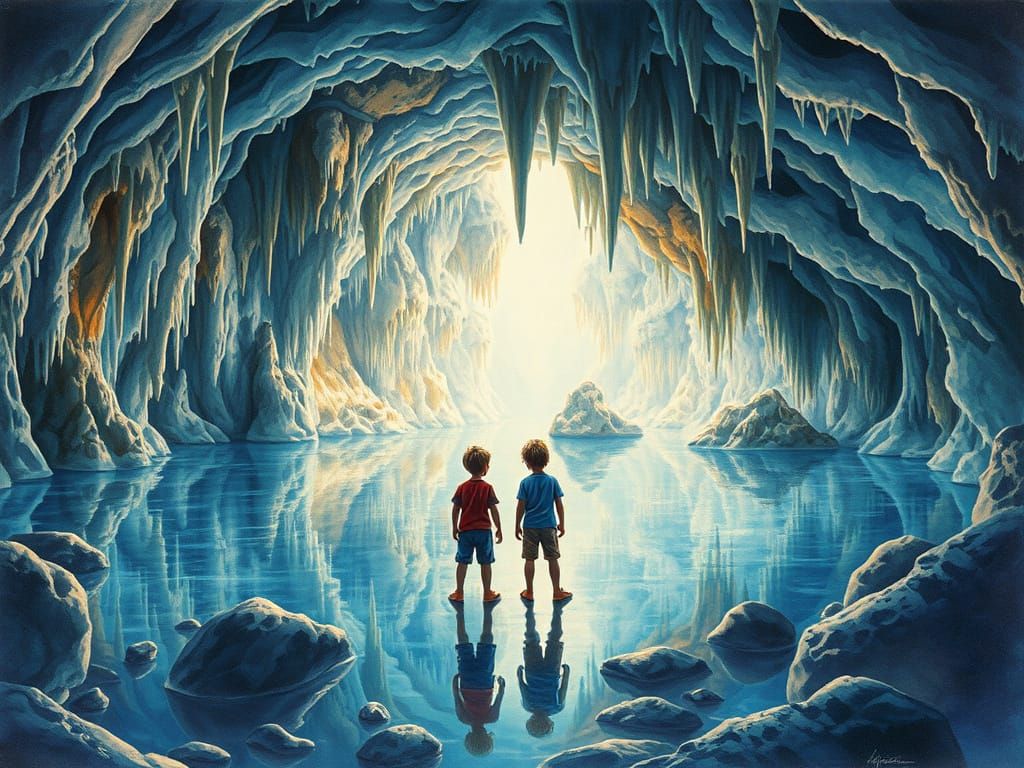 Boys Explore Stunning Cave Lake with Glittering Reflections