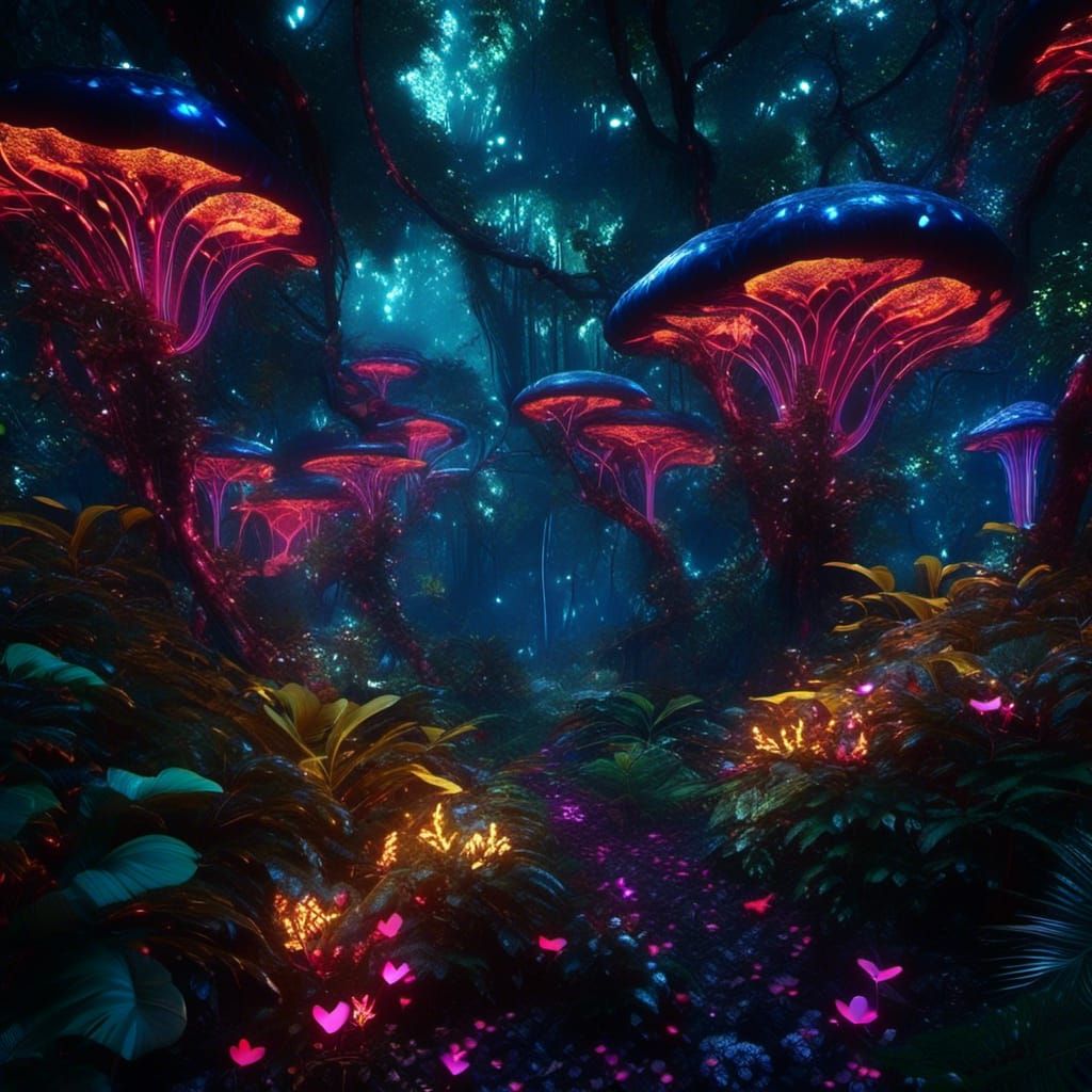 Neon-Lit Rainforest Canopy at Night