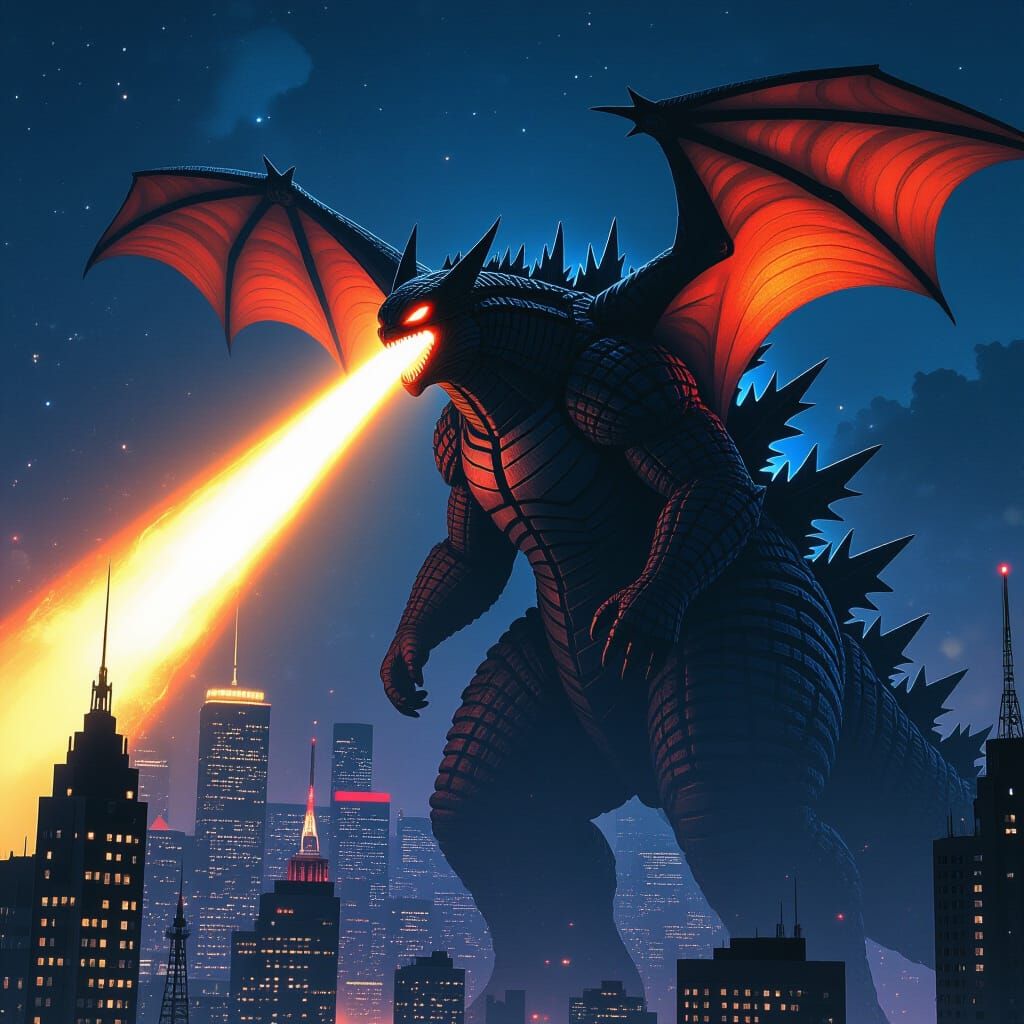 Kaiju in Dark Cityscape, Retro-Futuristic Art Style