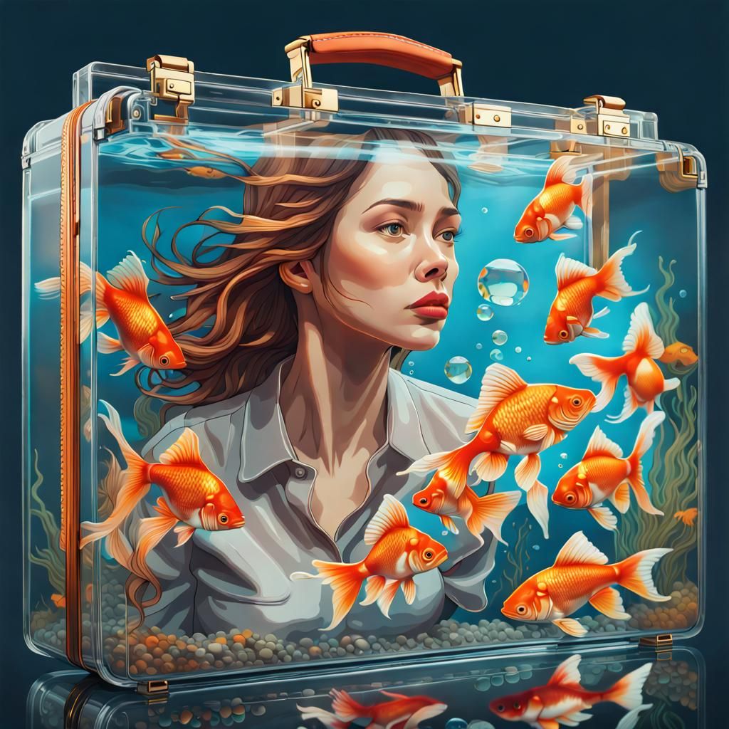 Woman with Briefcase Aquarium: Hyperrealistic Digital Art
