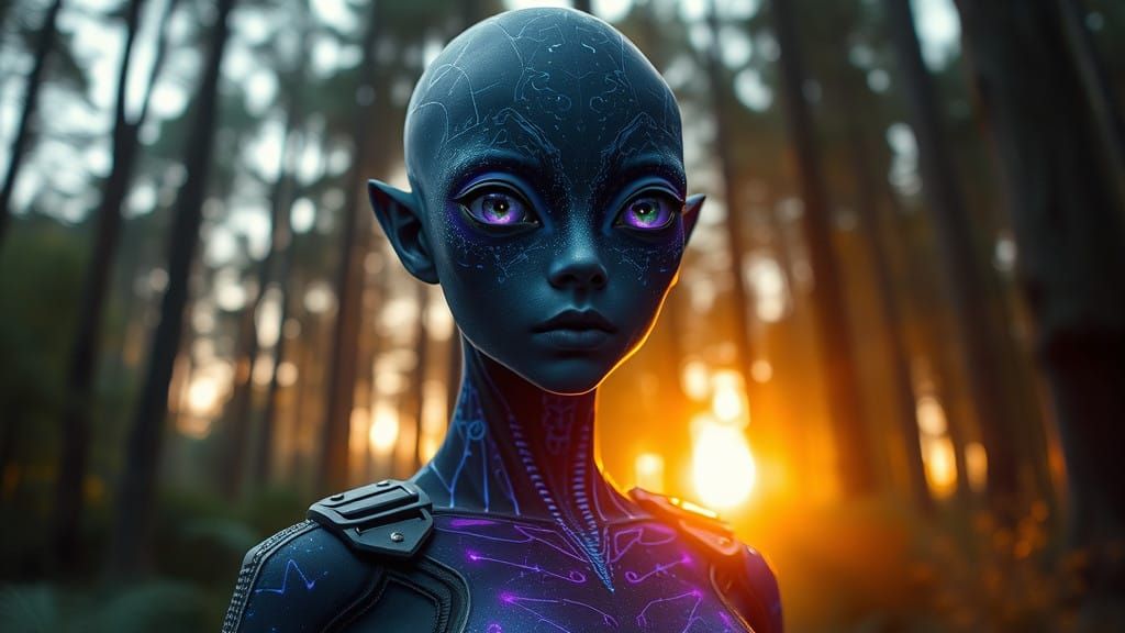 Alien Woman Embarks on a Serene Forest Quest in a Futuristic...