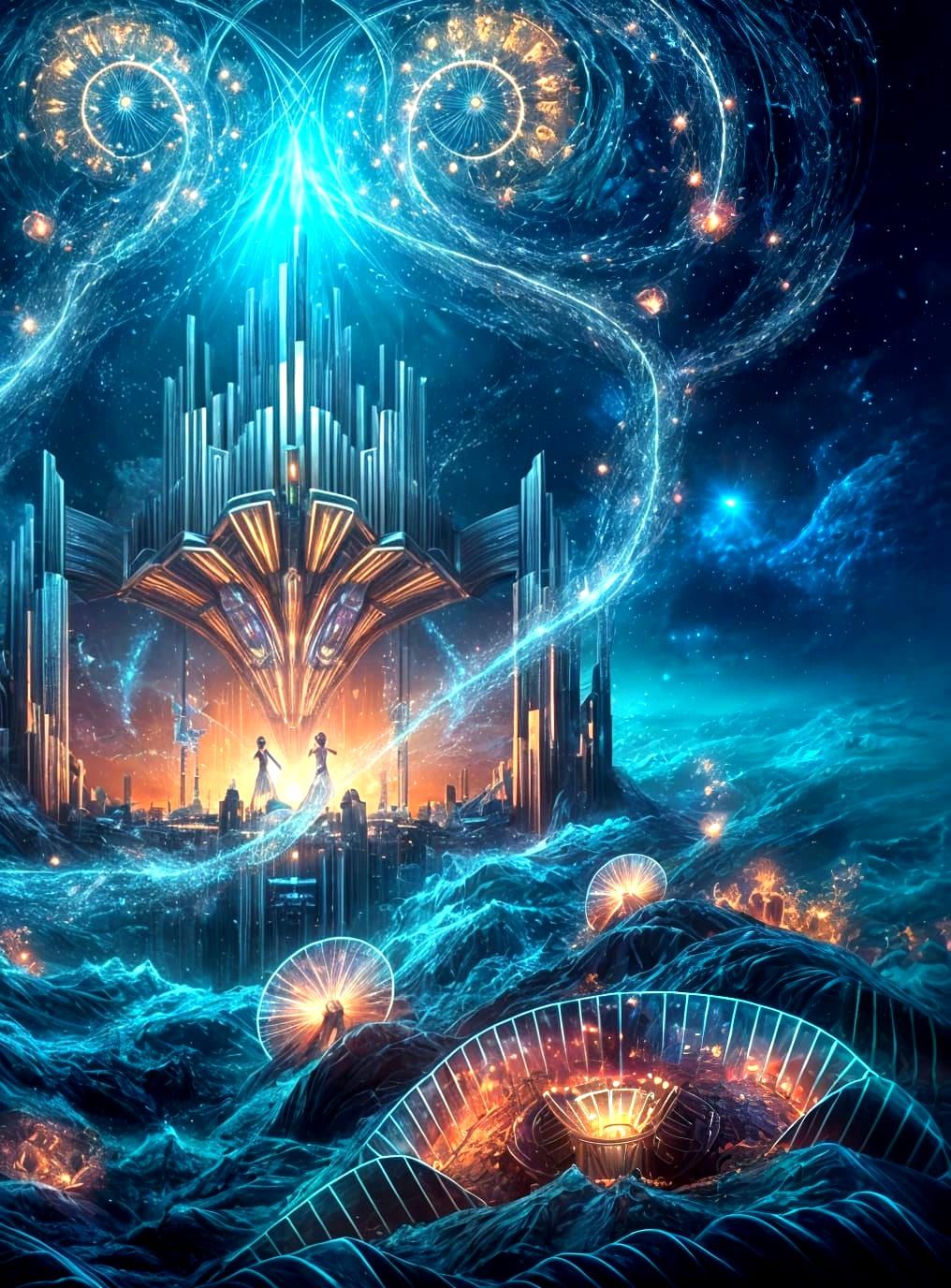 Bioluminescent Underwater Fractal Waves in Art Deco Style