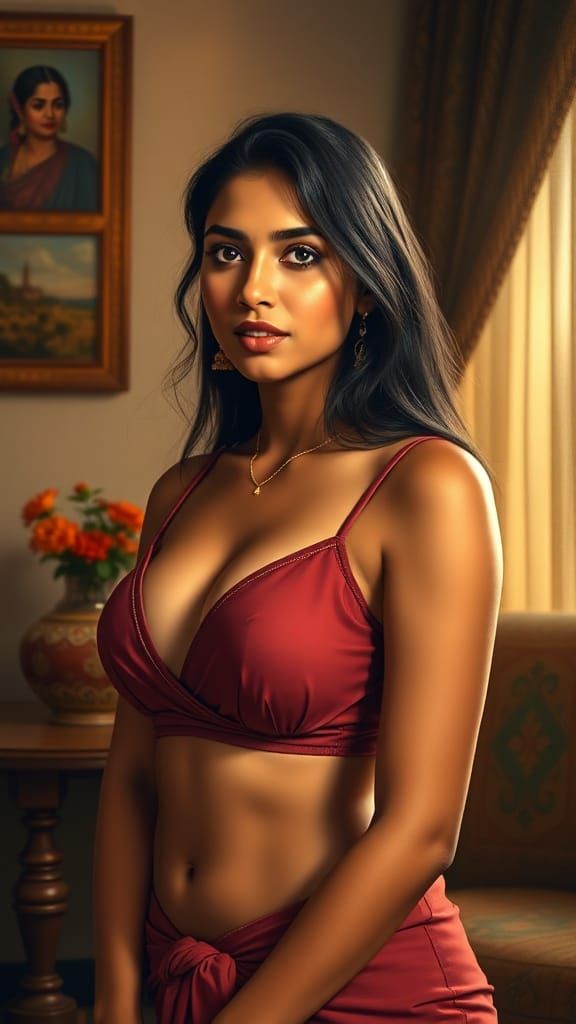 Elegant Indian Woman in Cozy Home, Realistic Style