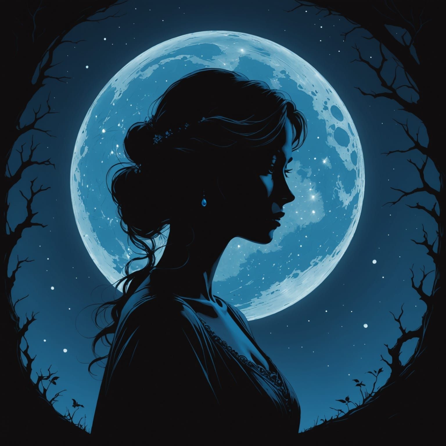 Blue Moon Illuminates Woman in Storybook Style