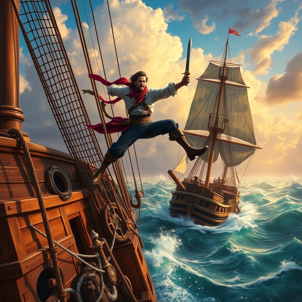 Pirate Leaping Between Ships in Stormy Seas