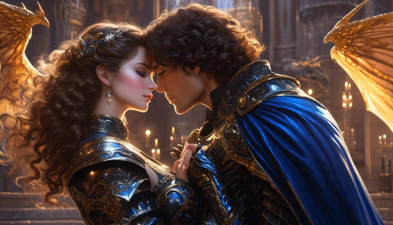 Warrior and Princess Kiss with Dragon