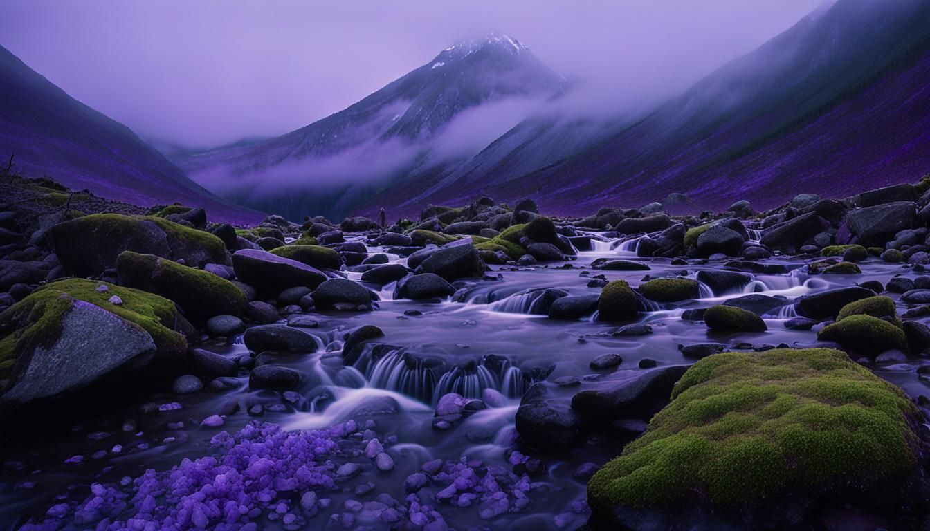 Amethyst Brook Cascading Through Misty Valley