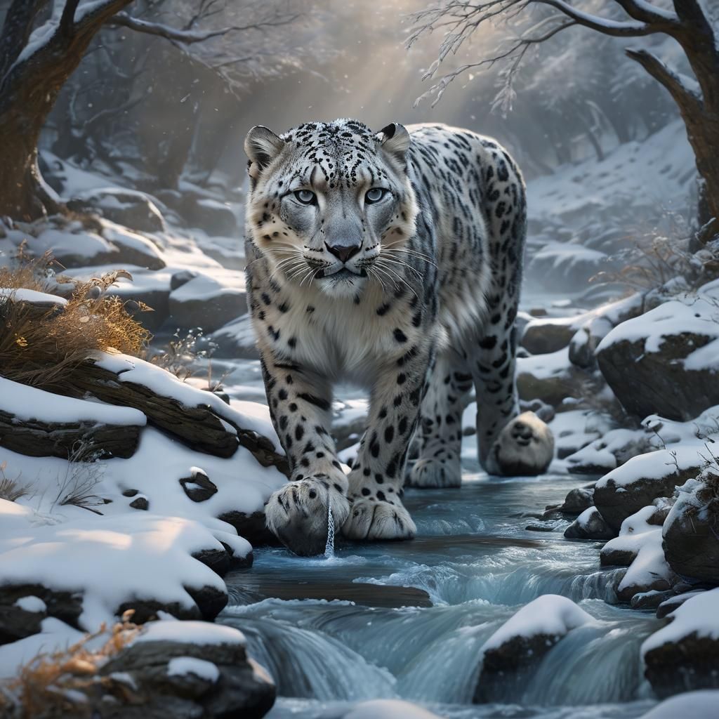 Snow Leopard Drinking: Fantasy Concept Art