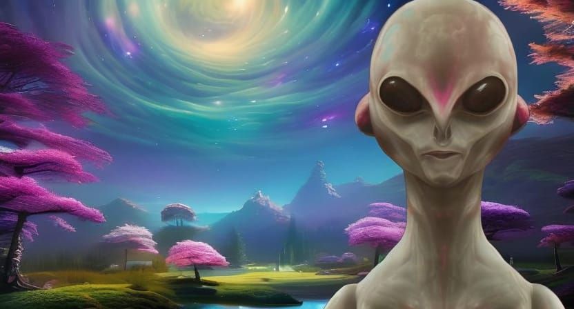 Milky Way Galaxy over Zen Garden with Alien