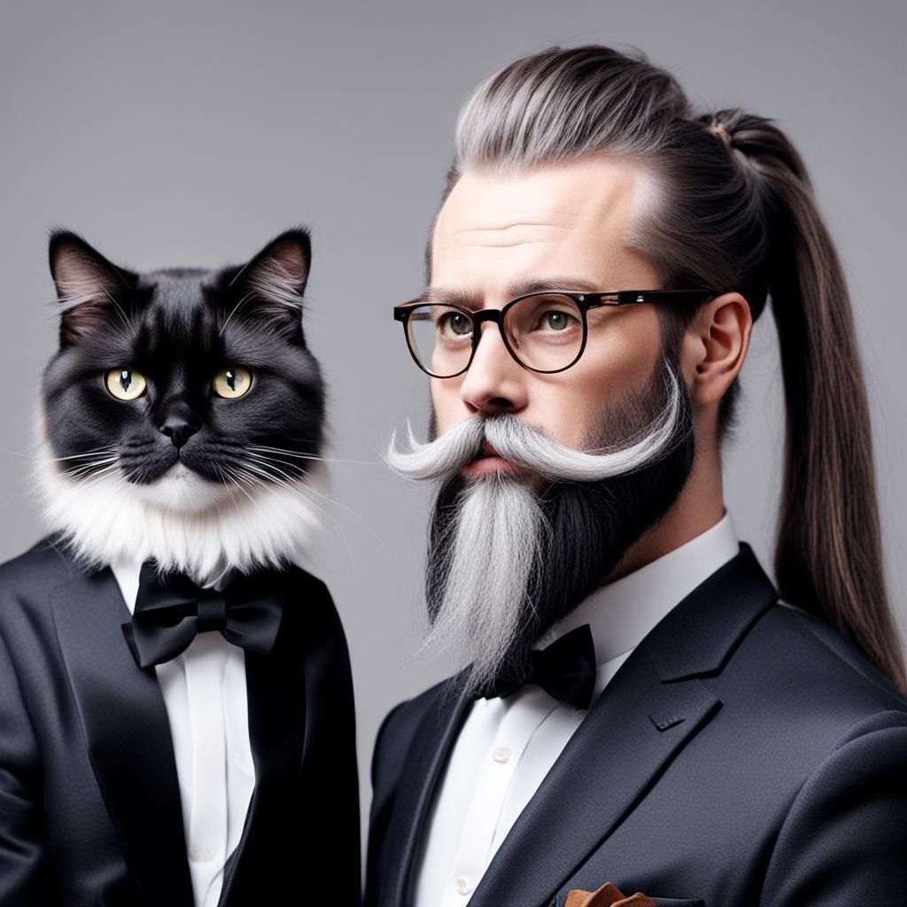 Cat with Beard and Ponytail: A Whimsical Portrait