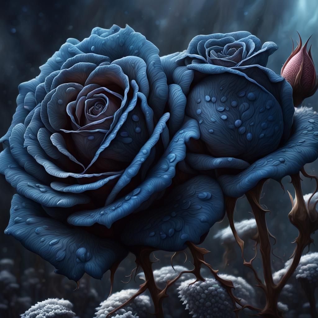Obsidian Blue Fantasy Rose with Spores in Hyperrealism