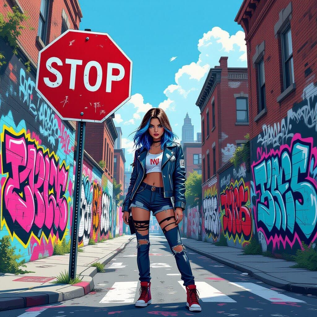 Graffiti Art Scene in Banksy, Thorp, and Loish Styles