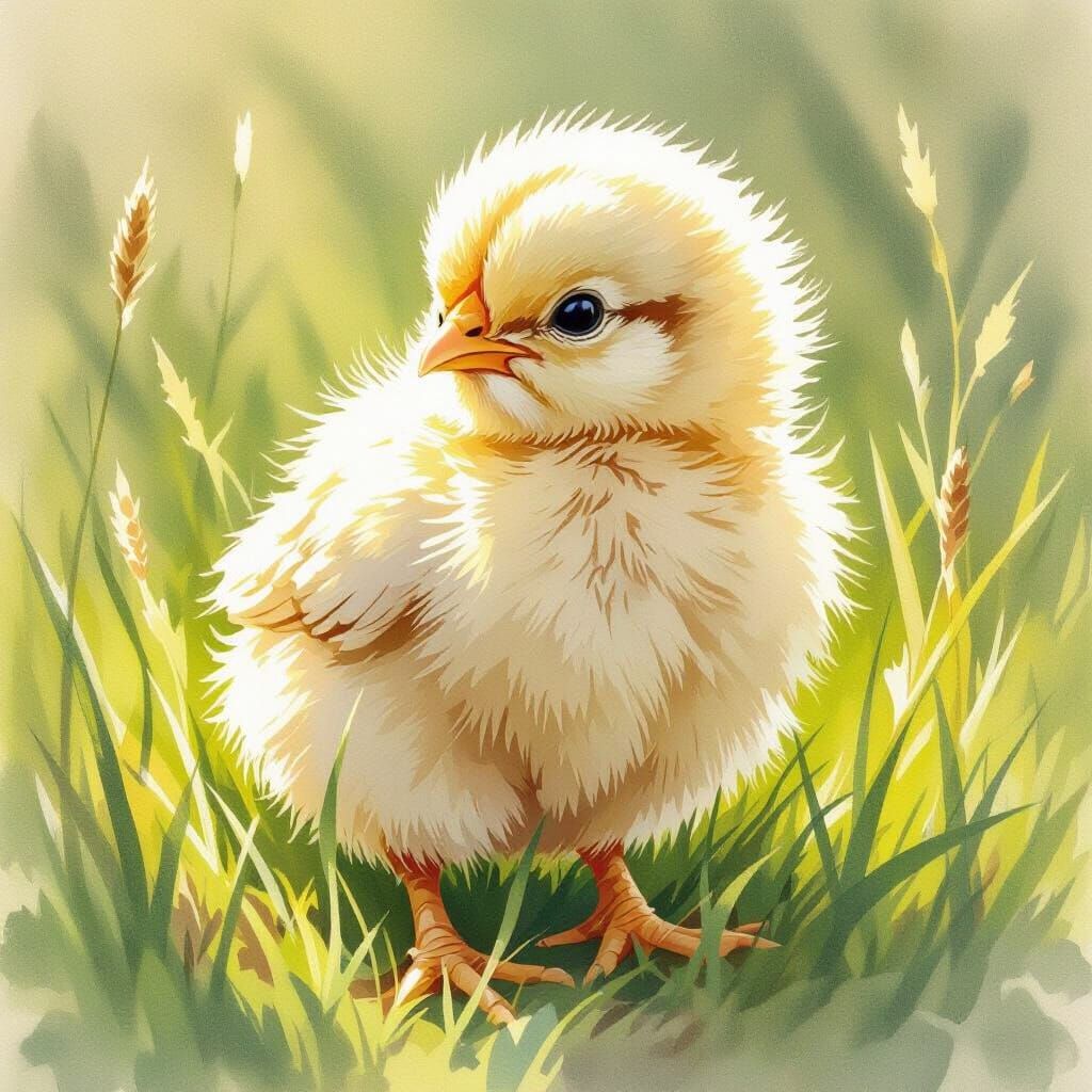 Fluffy Chick in Sunlight: Storybook Illustration