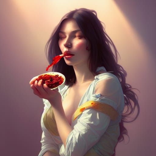Woman Eating Pickles: Hyperdetailed Artstation Portrait