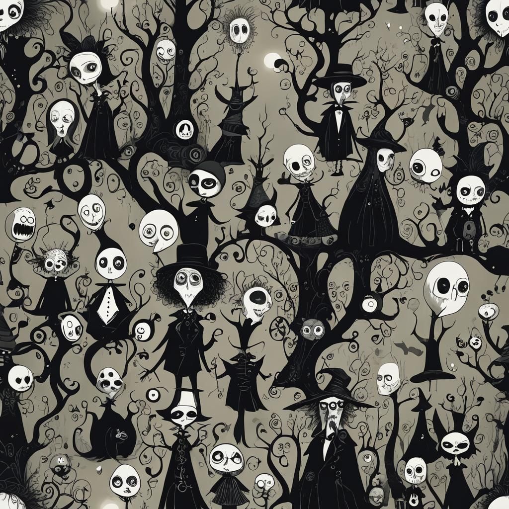 Dark Whimsical Scene: Tim Burton-esque AI Image
