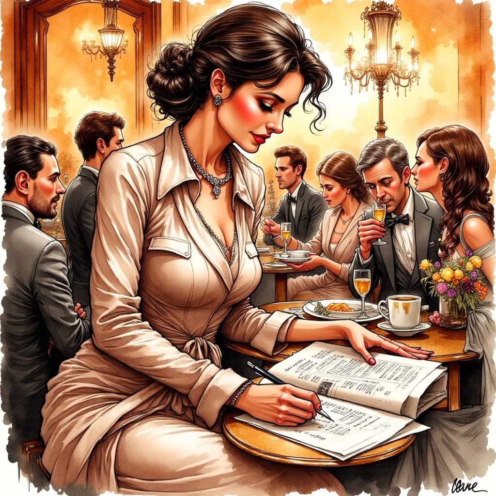 Chic Party Hostess Signs the Bill with Flair