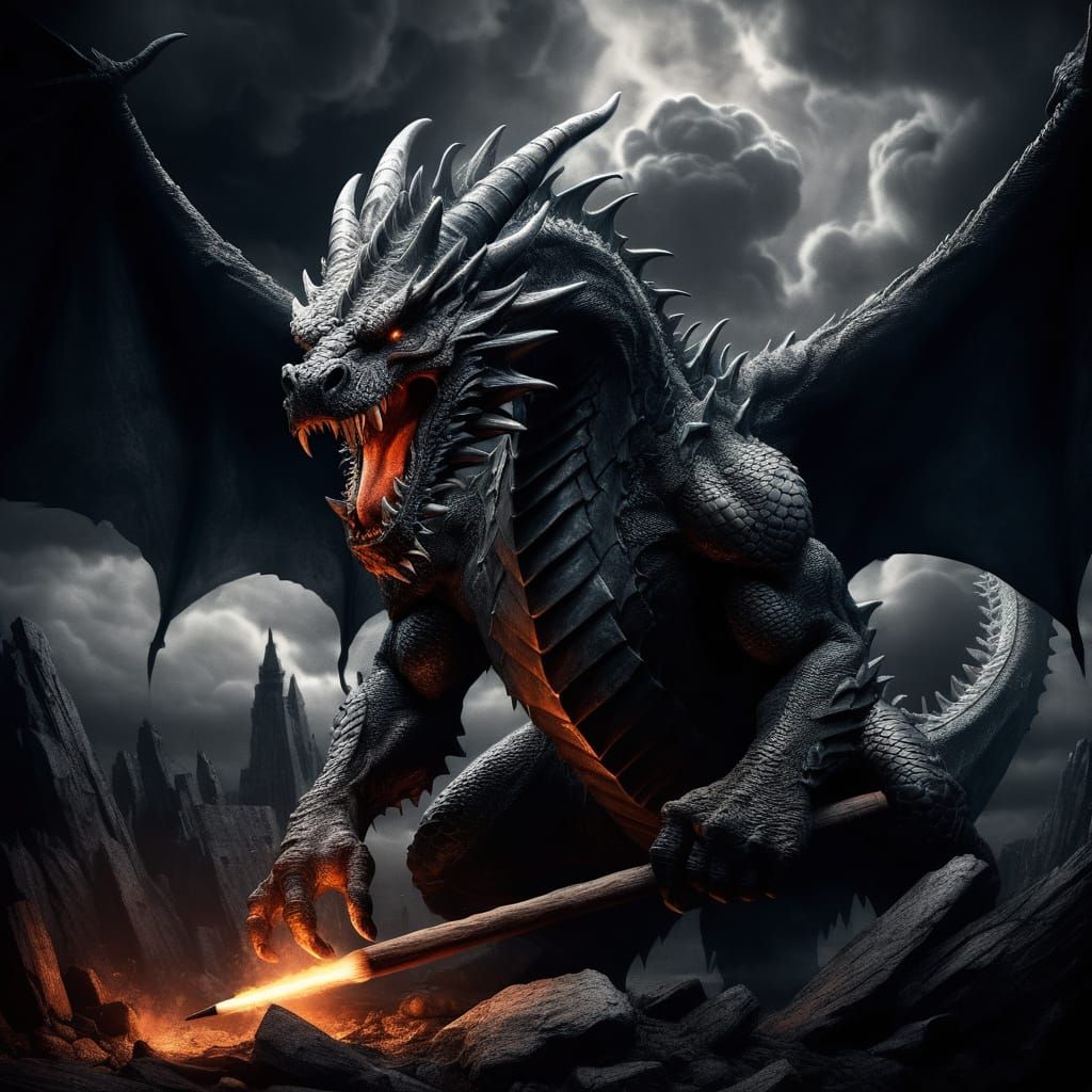 Colossal Dragon Emerges From Giant Pencil in Dark Fantasy