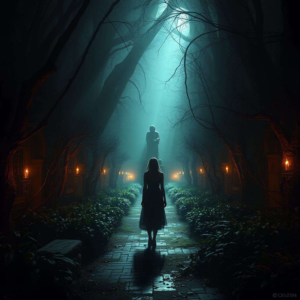 Eerie Garden Statue in Dark Fantasy Style