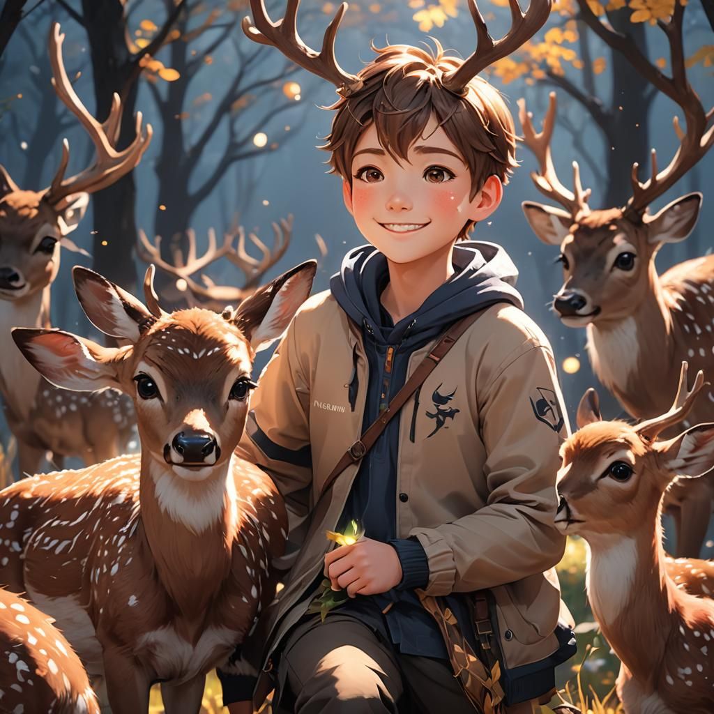 Happy Boy with Glowing Deer: 3D Anime Art
