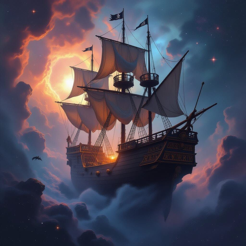 Pirate Ship in Cosmic Nebula with Kraken