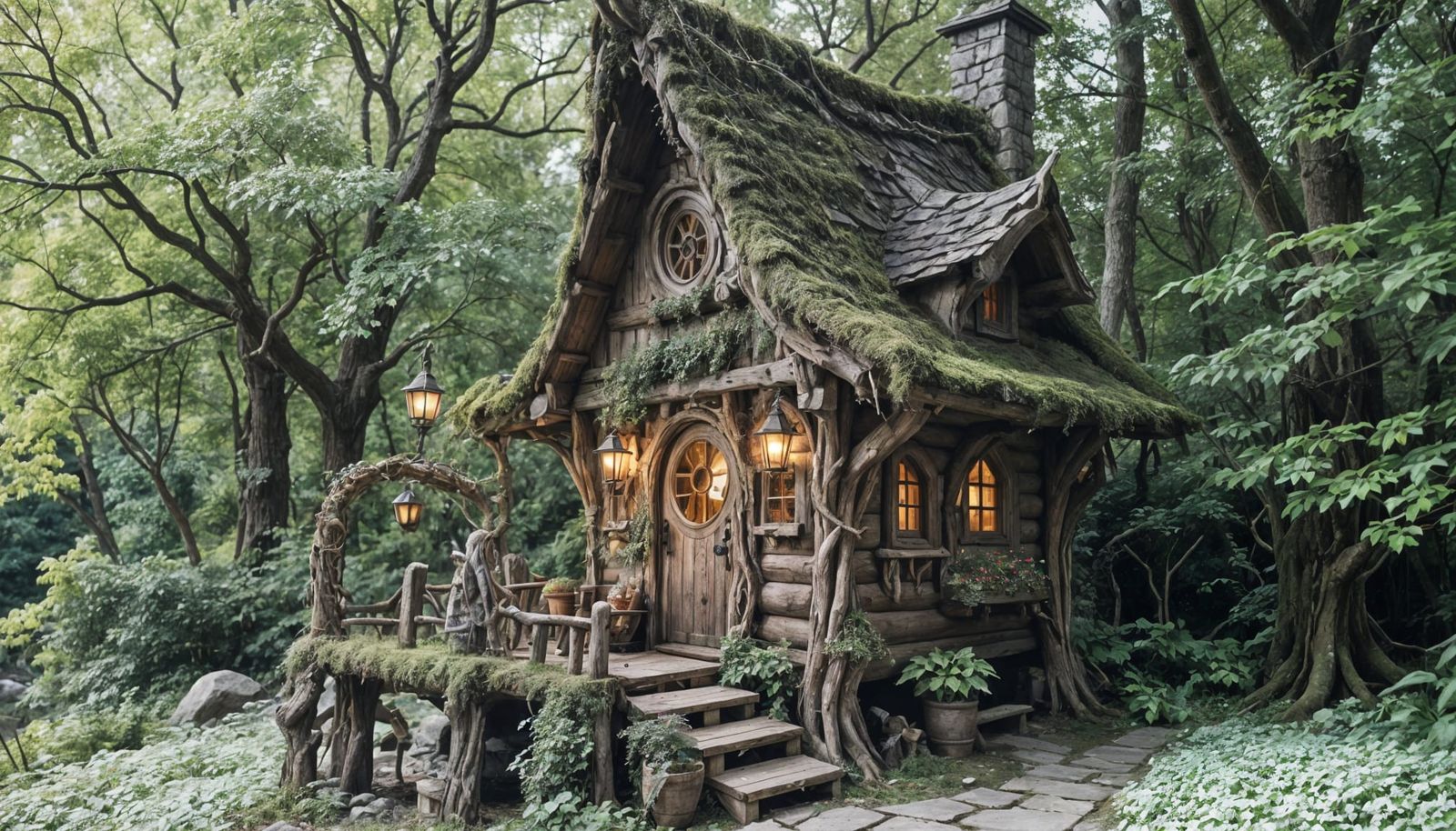 Whimsical Elven Cabin Amidst Vibrant Forest