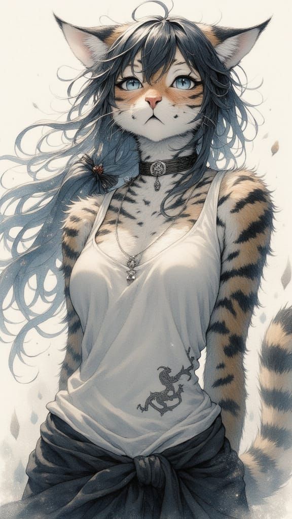 Anthropomorphic Striped Cat in Expressionist Double Exposure