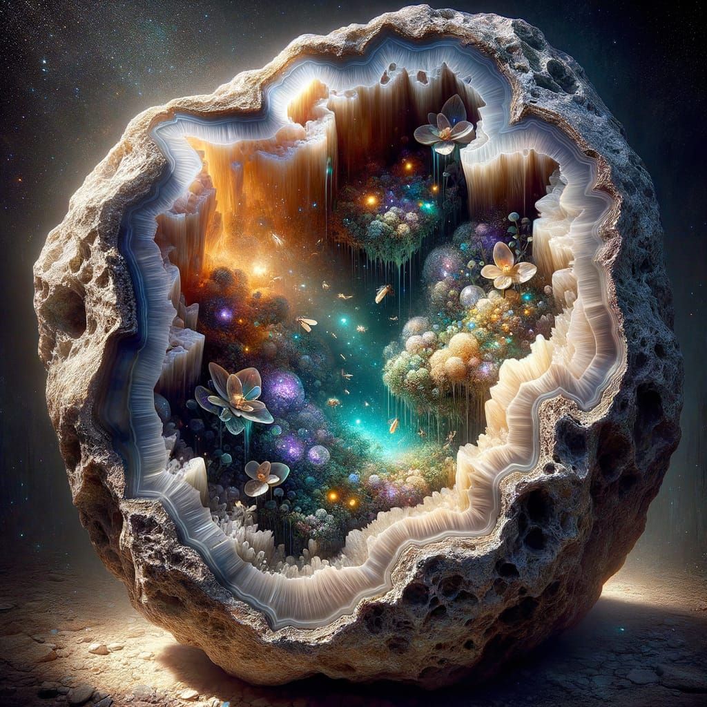 A colossal, crystalline geode cracked open to reveal a minia...