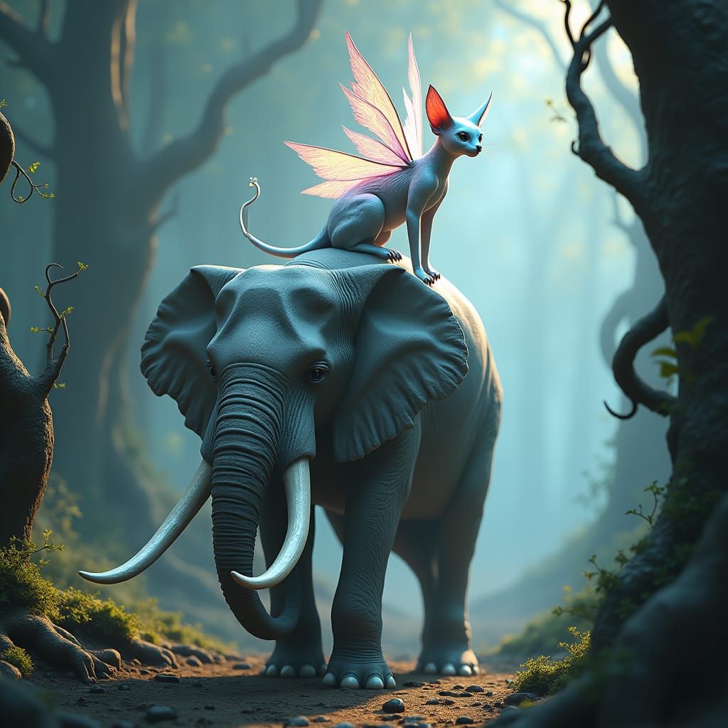 Winged Feline on Elephant in Dreamlike Landscape