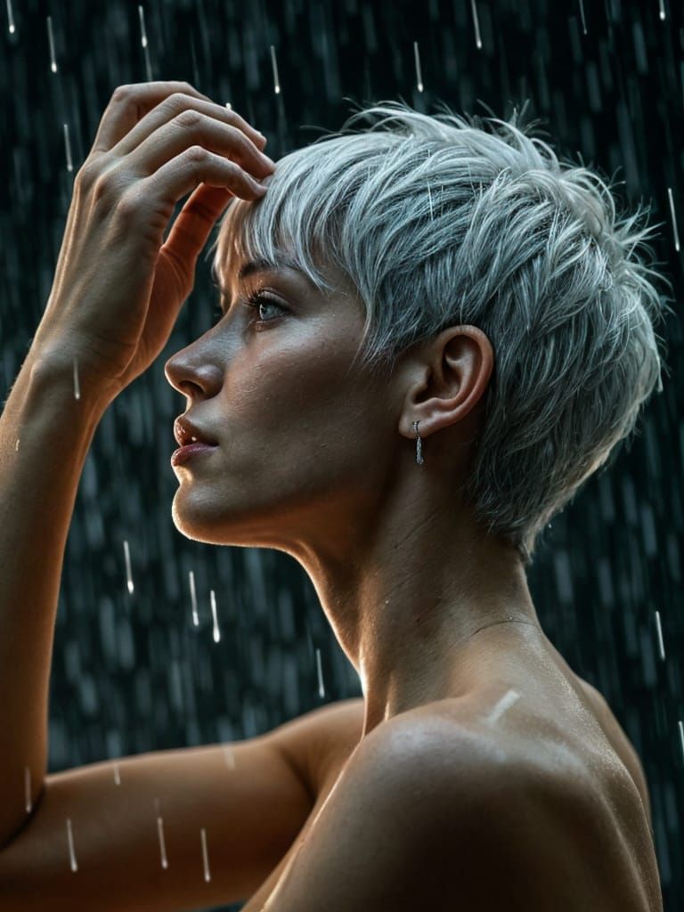 Woman in Rain Shower: Cinematic Film Still