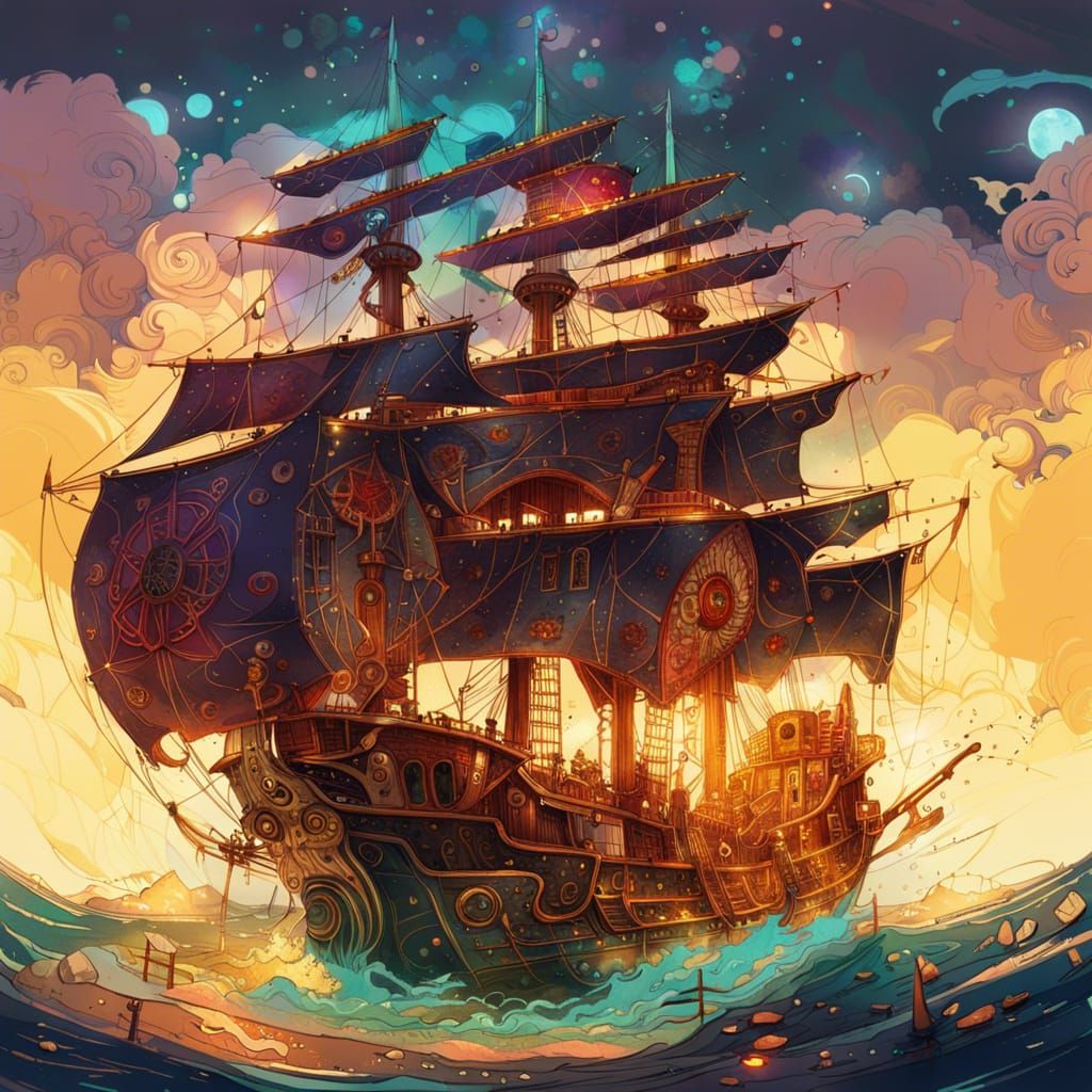 Steampunk Pirate Ship with Golden Outlines