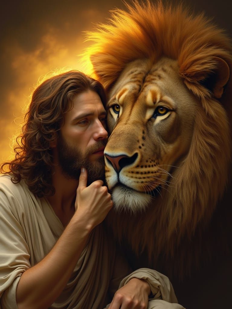 Serene Jesus and Lion in Warm-Toned Portrait