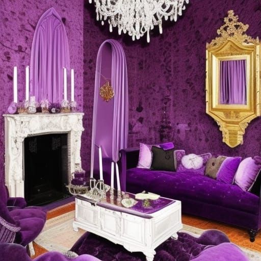 Charming elegant Purple gothic velvet living room with purple gothic velvet furniture and coffin table and amethyst clus...