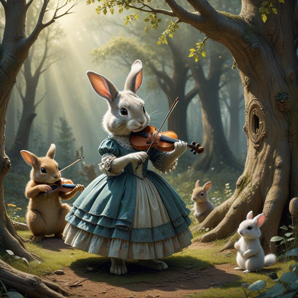 Whimsical Woodland Creatures Play Music in Enchanted Forest