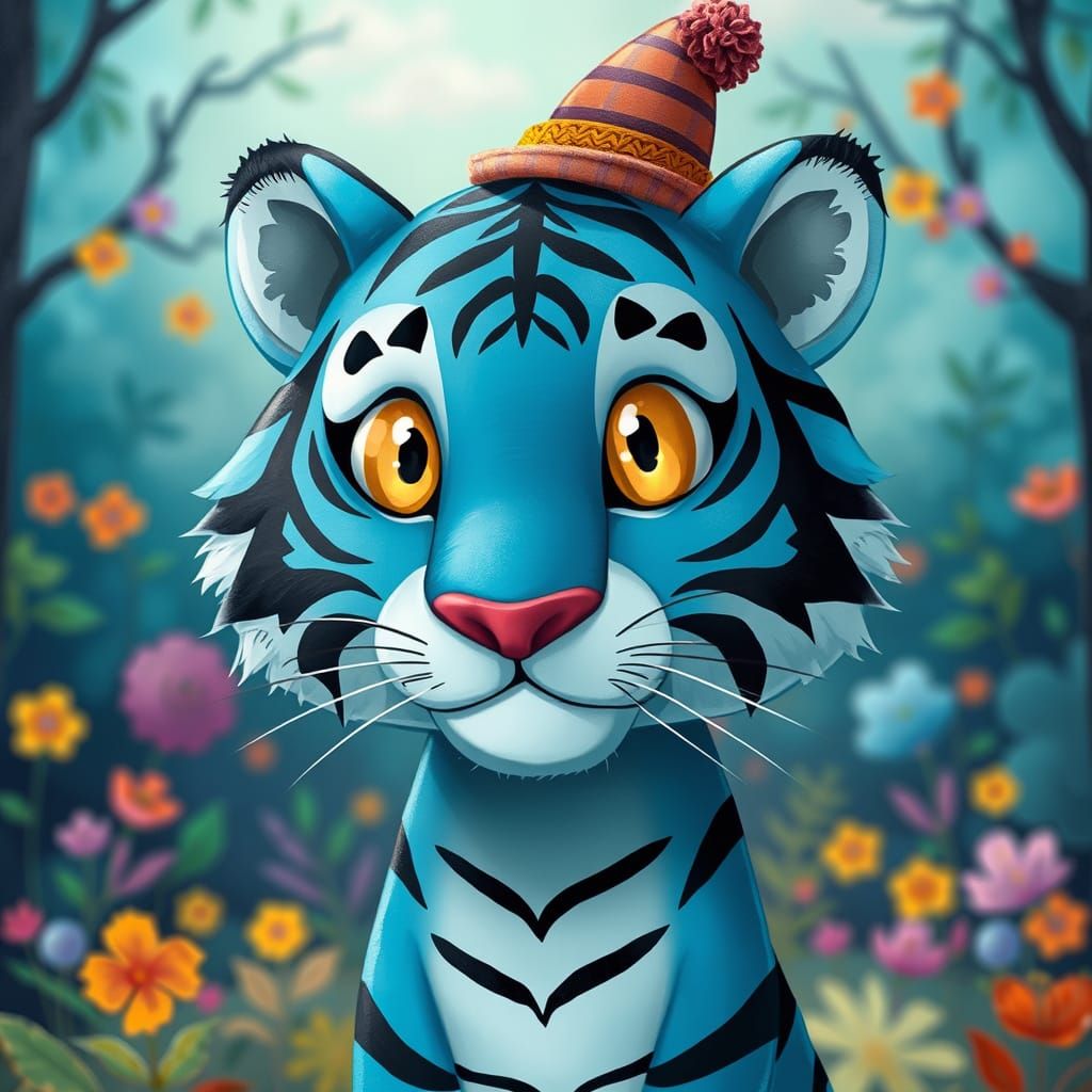 Blue Tiger with Top Hat in Whimsical Cartoon Style
