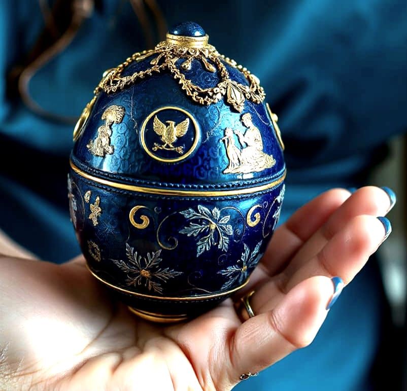 Elegant Faberge-Style Easter Egg in Dark Blue Guilloche Enam...