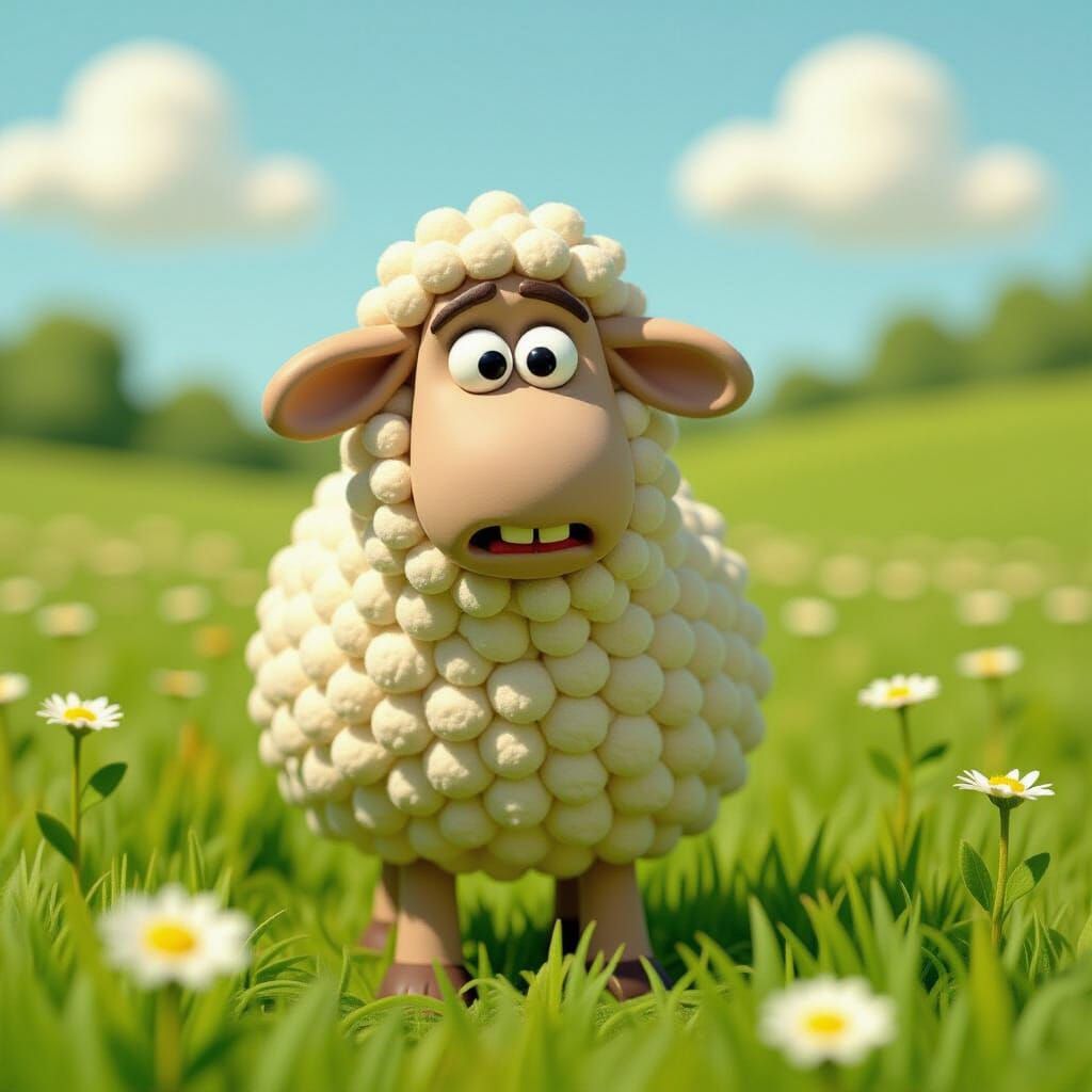 Worried Sheep in Meadow, Claymation Style
