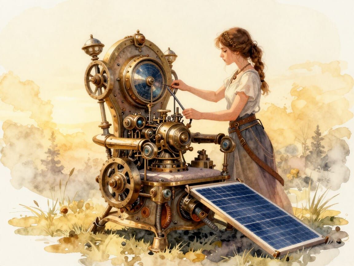Golden Hour Watercolor: Woman Repairs Solar Punk Throne