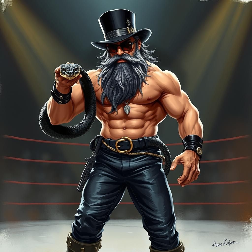 Handsome really long black and grey bearded man in a top hat...