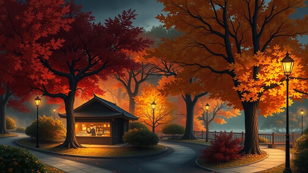 high detailed, viral anime wallpaper, dark autumn-themed scene inside of a park, makoto shinkai anime style. The layout ...