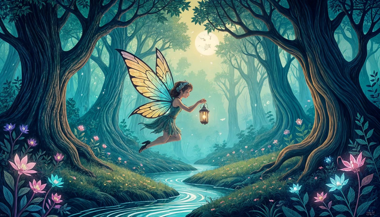 Enchanted Fairy in Upside Down Bioluminescent Forest