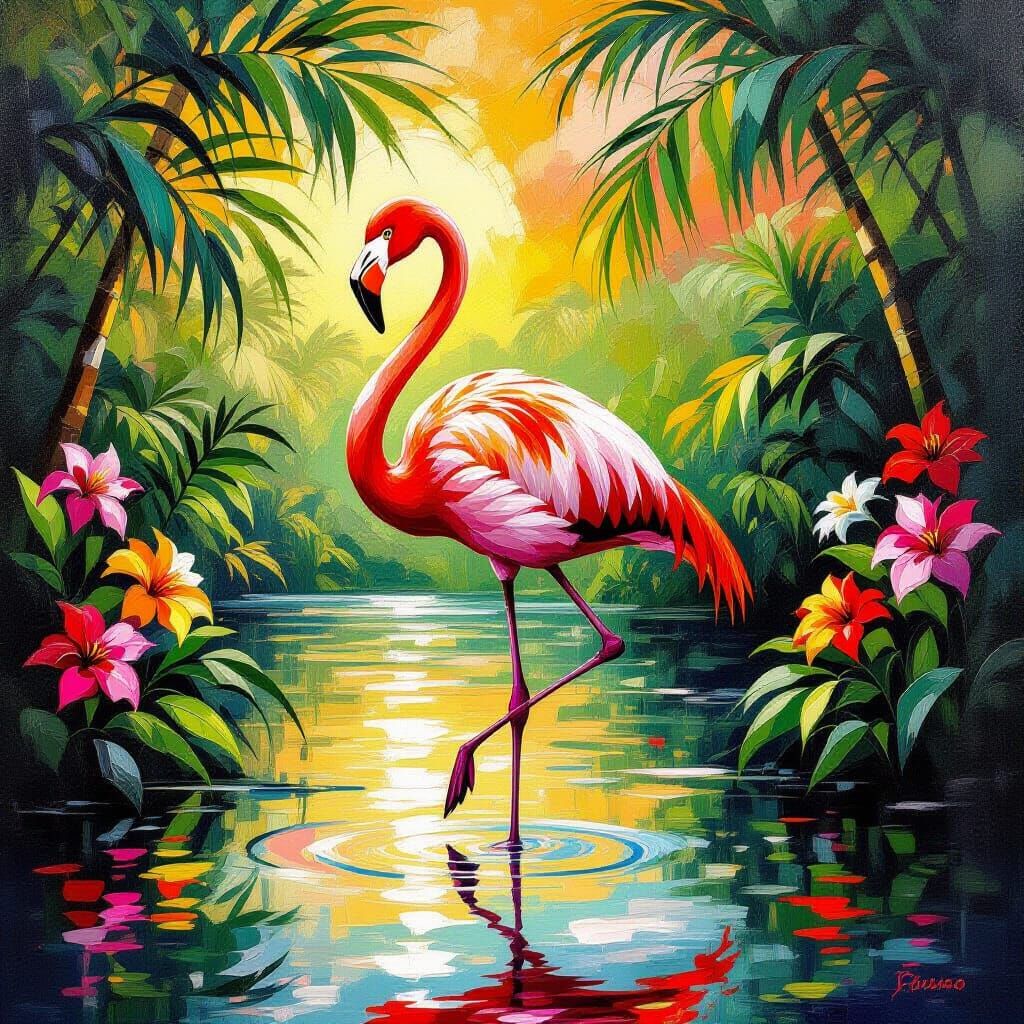 Elegant Flamingo in Tropical Paradise Oil Painting