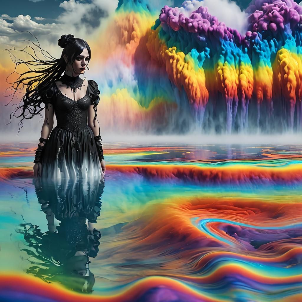 Goth Girl Emerges from a Non-Newtonian Fluid Lake