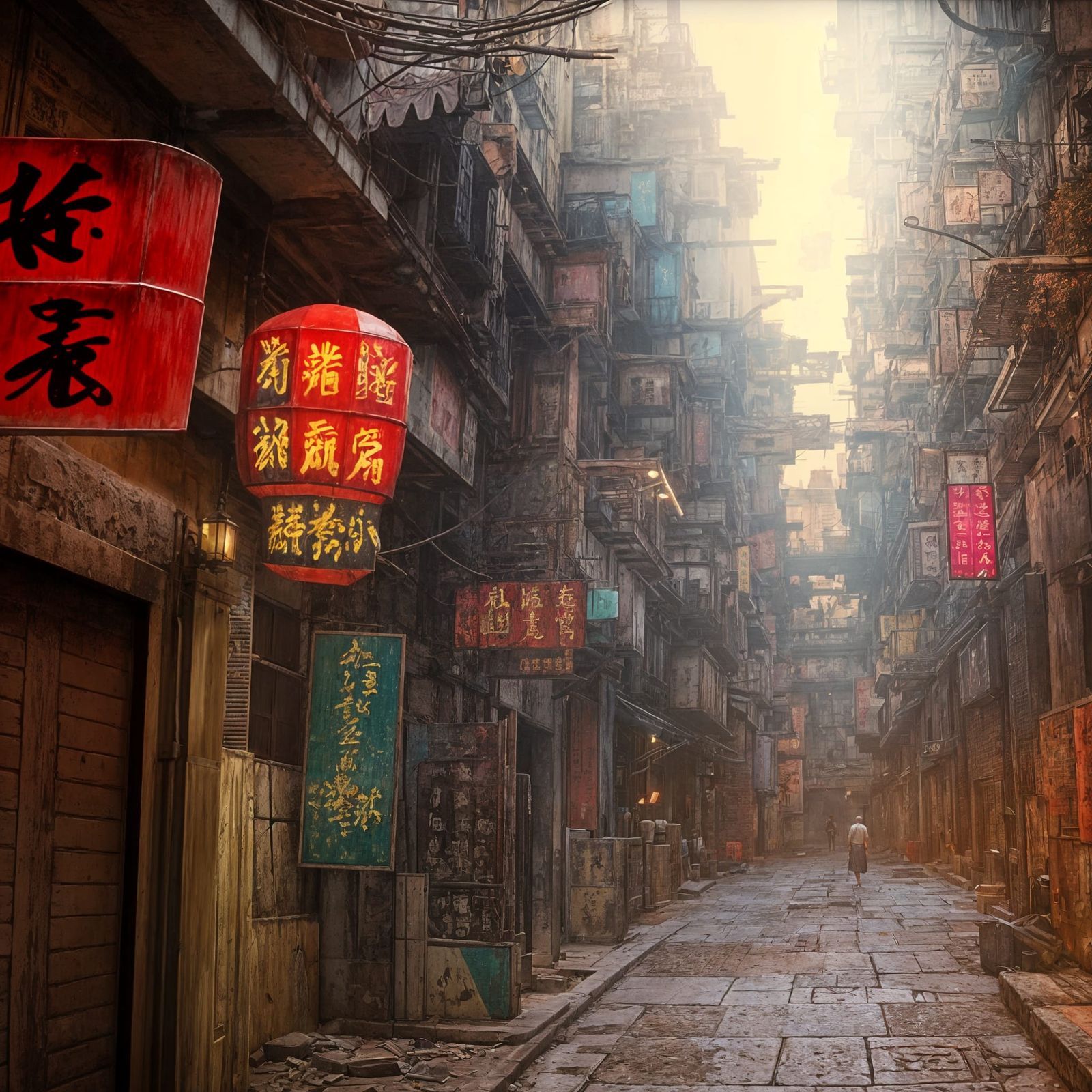 Kowloon Walled City Alley: Detailed Matte Painting