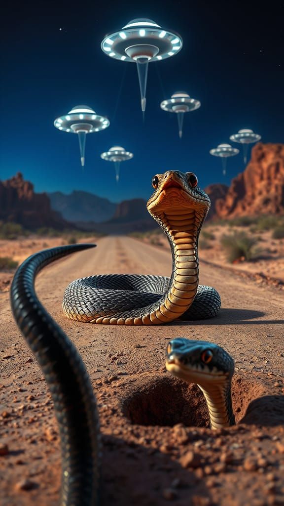 Rattlesnakes in Hyperrealistic Desert Landscape with UFOs
