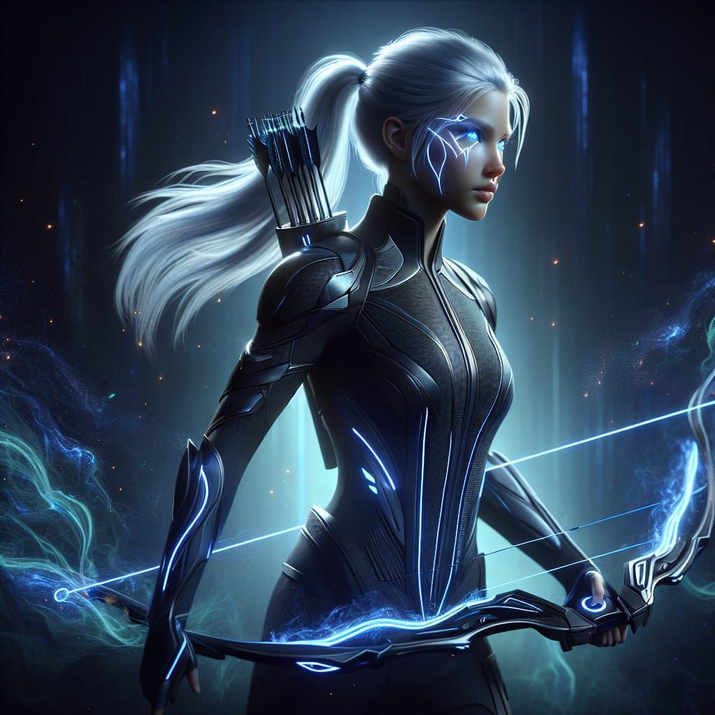 Futuristic Artemis with Plasma Bow in Matte Painting Style