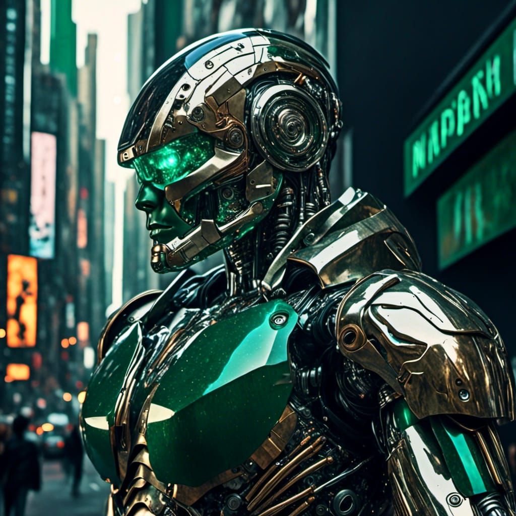 Hyperrealistic Cyborg Walking in City with Metallic Armor