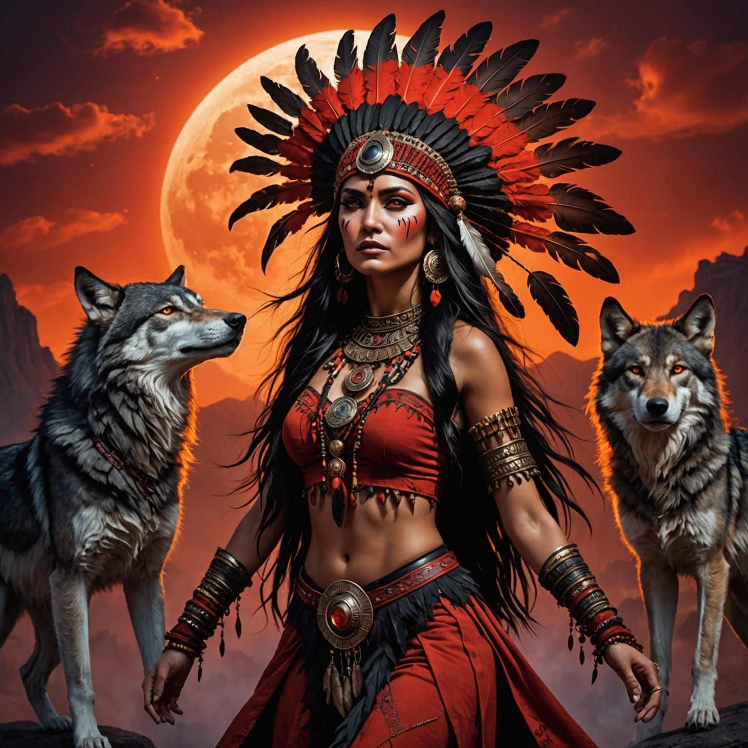 Shaman Woman Dancing with Wolves Under Fiery Moon