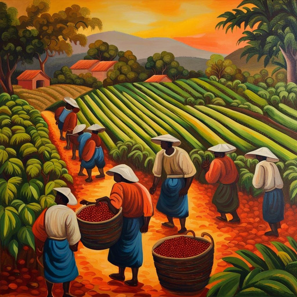 Vivid Painting of Peasants Harvesting Coffee
