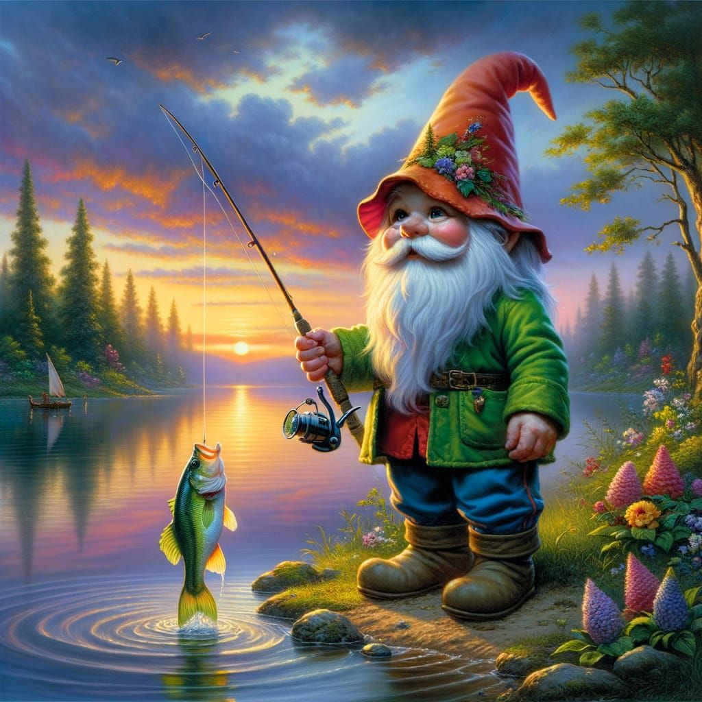 Gnome Fishing for Bass at Sunset