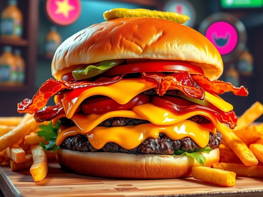 Neon-Lit Triple Cheeseburger Masterpiece